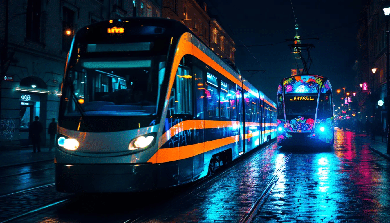 Navigating Krakow at night, focusing on transportation options.