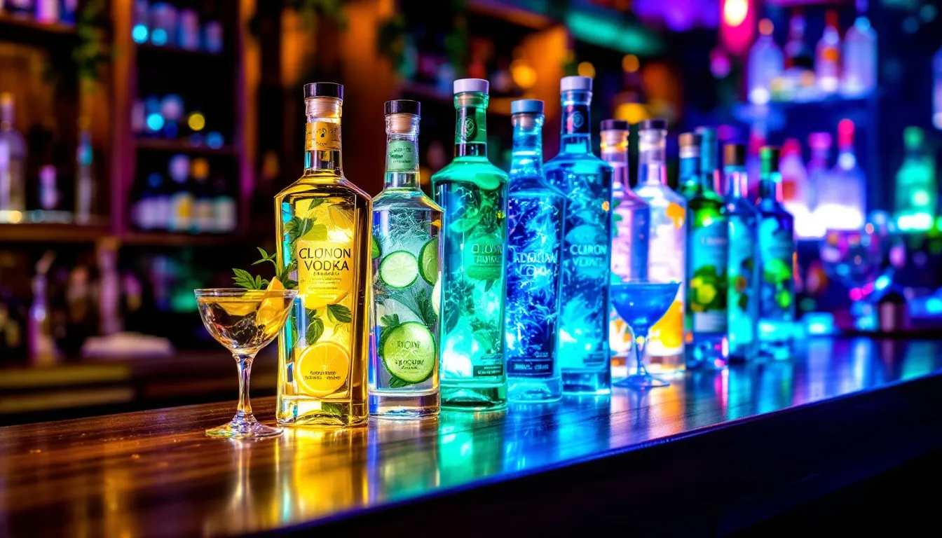 An array of flavored vodkas displayed on a bar shelf.