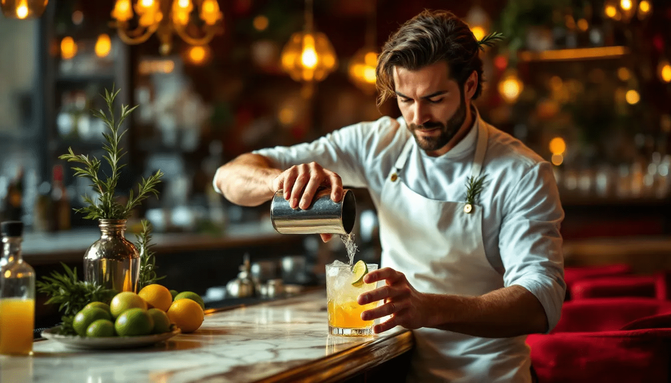 A bartender preparing vodka cocktails with fresh ingredients.