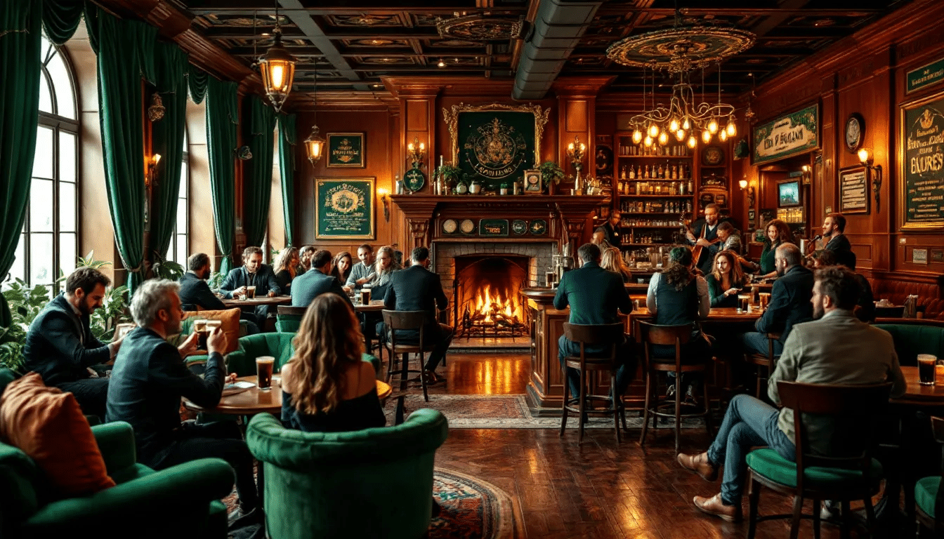 A cozy interior of Pod Papugami Irish Pub in Krakow, showcasing traditional Irish decor and a lively atmosphere.