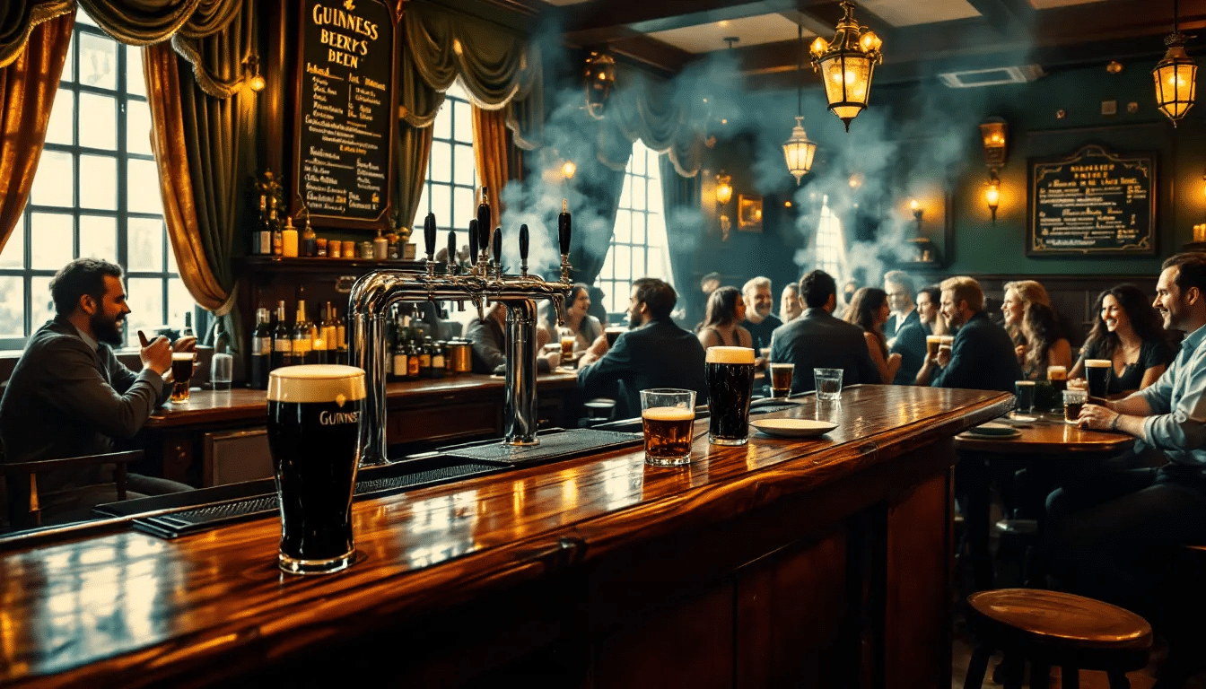 A selection of local beers and a pint of Guinness at Duffies Irish Pub, highlighting the bar's offerings.