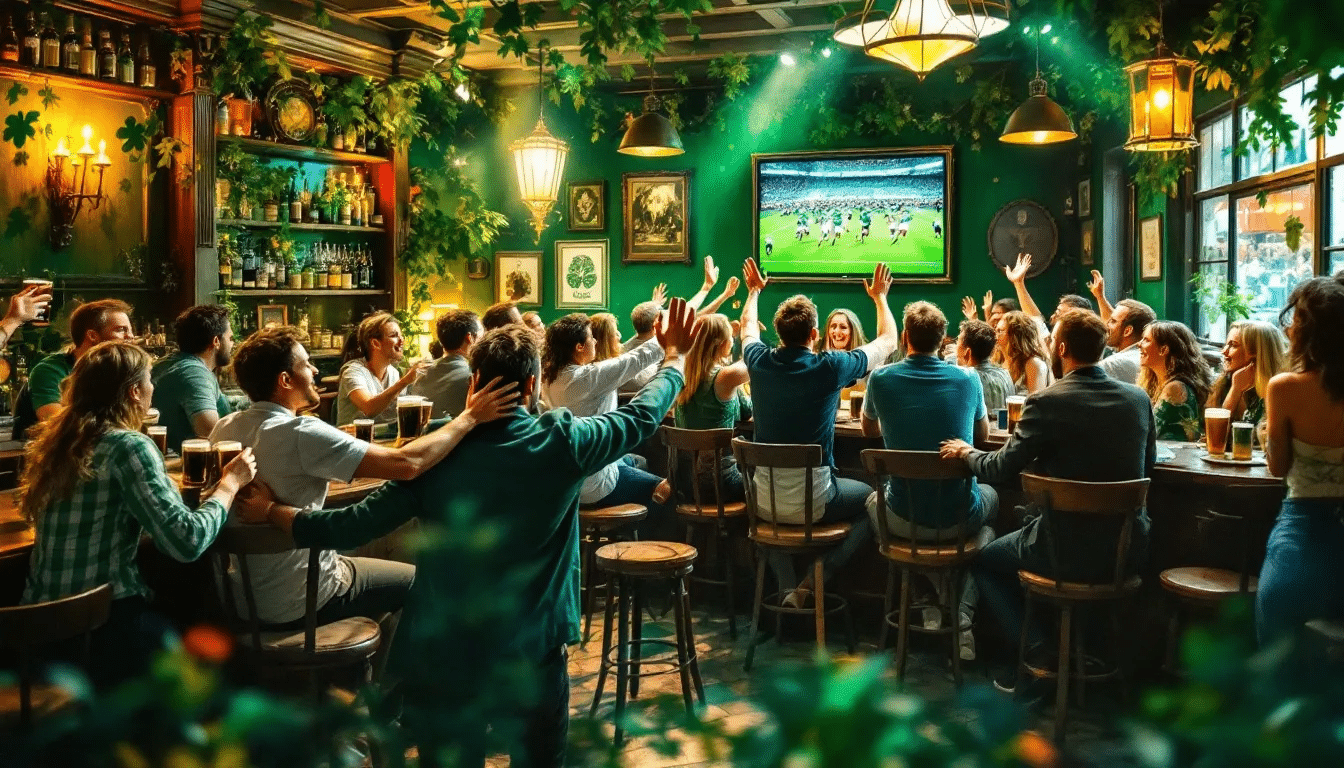 The lively atmosphere at The Irish Mbassy, with guests enjoying drinks and watching a Celtic game.
