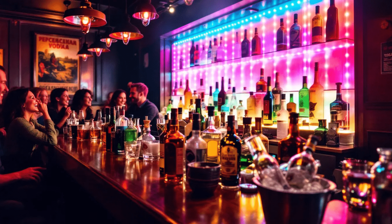 A vibrant vodka bar in Krakow showcasing a variety of vodka bottles.