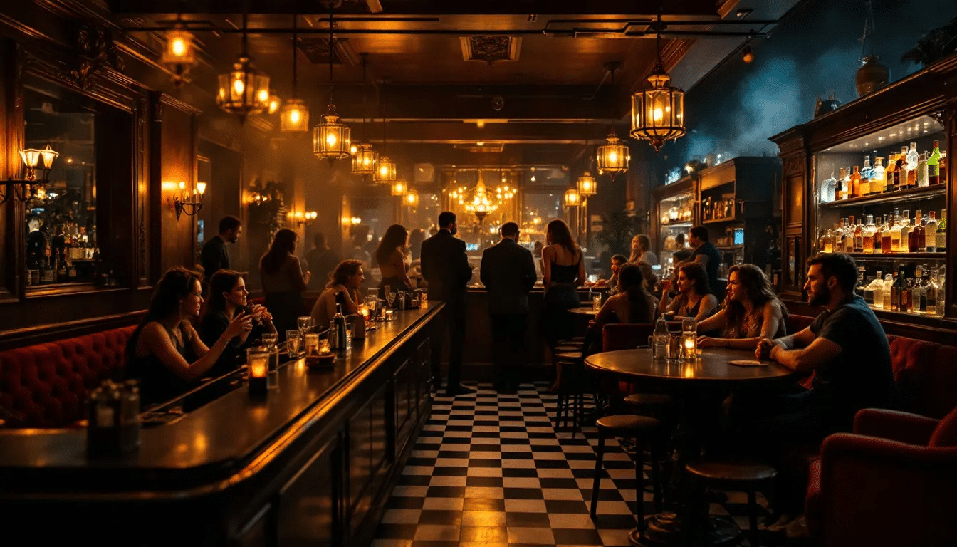 A cozy vodka bar atmosphere with patrons enjoying drinks.